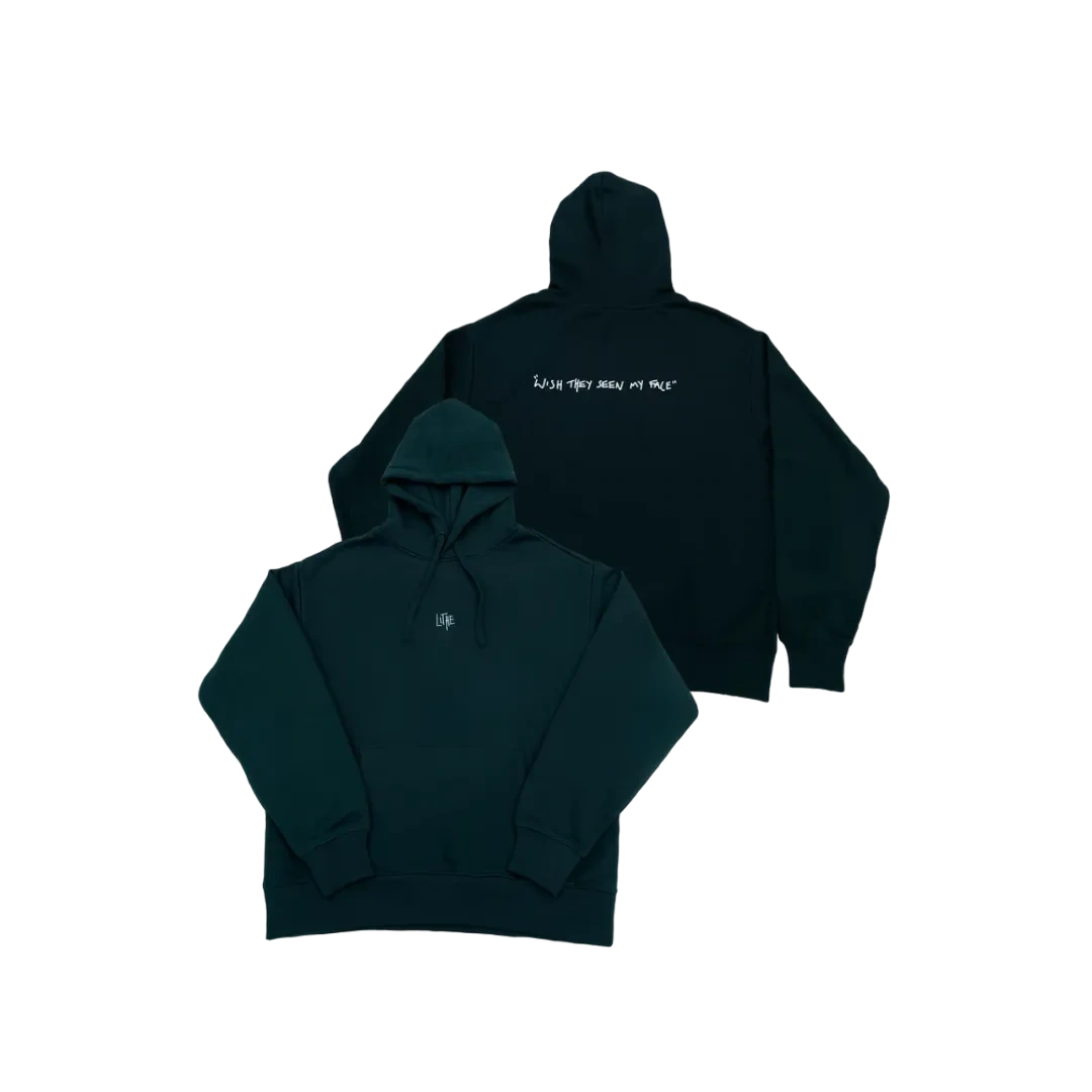 Front and back view of the green Lithe hoodie with "wish they seen my face" text on the back. Created after the popular single. Released in 2022.